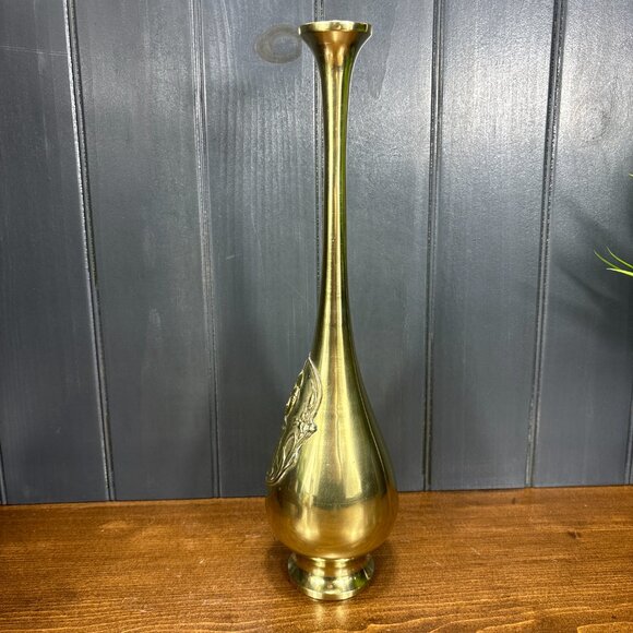 Vintage Brass Vase with Embossed Asian Motif Boho Style Tall Brass Bud Vase - Picture 5 of 14